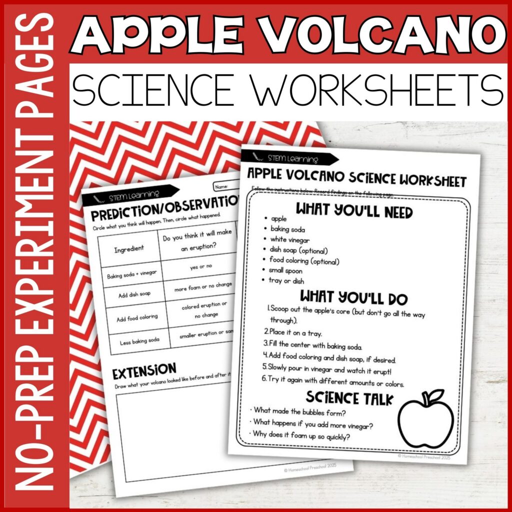 Apple volcano science worksheets homeschool preschool shop